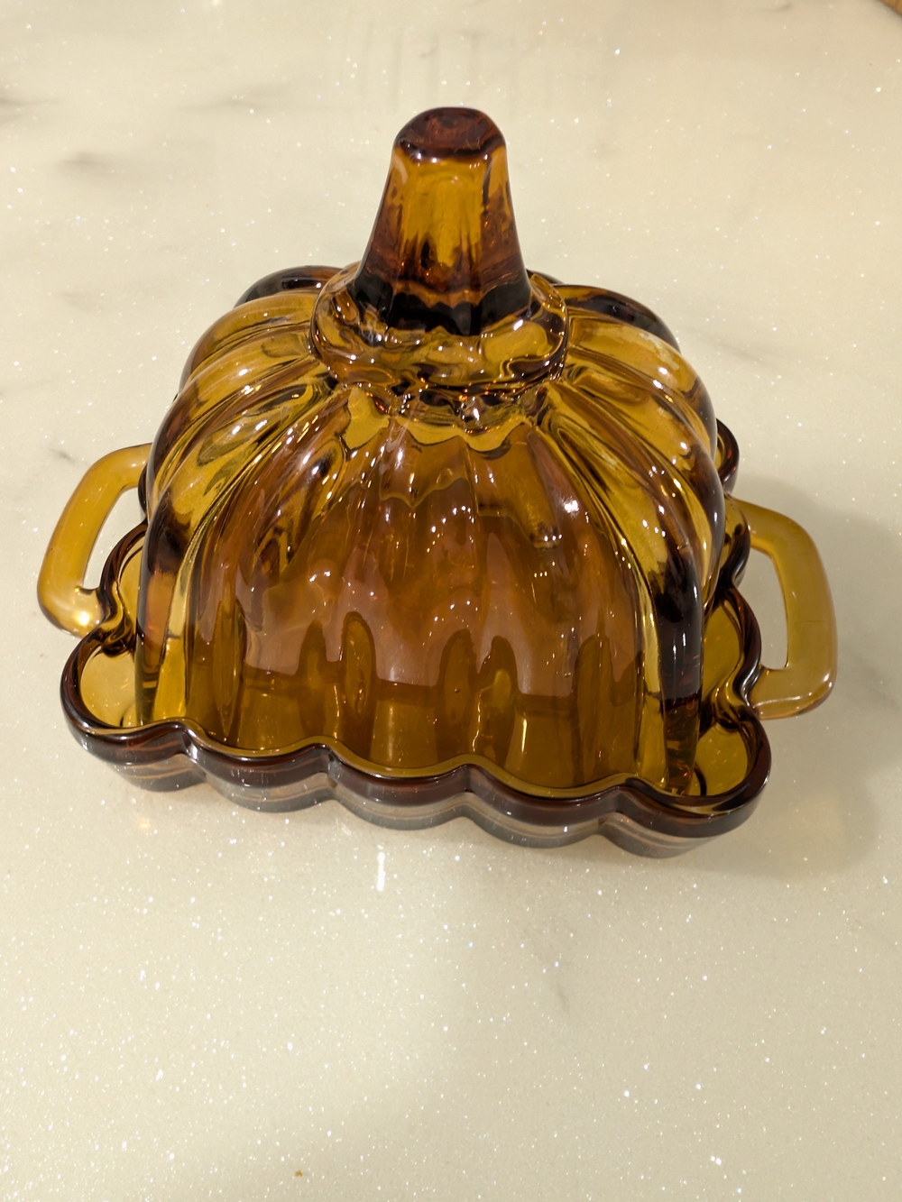 Amber Glass Pumpkin Butter Dish 6"